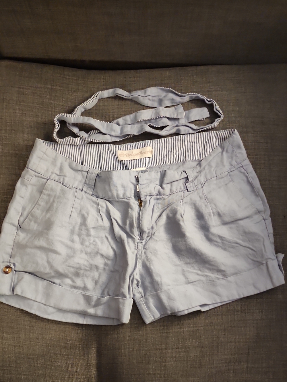Light Blue Women's Linen-Blend Bermuda Shorts with Removable Waist Tie